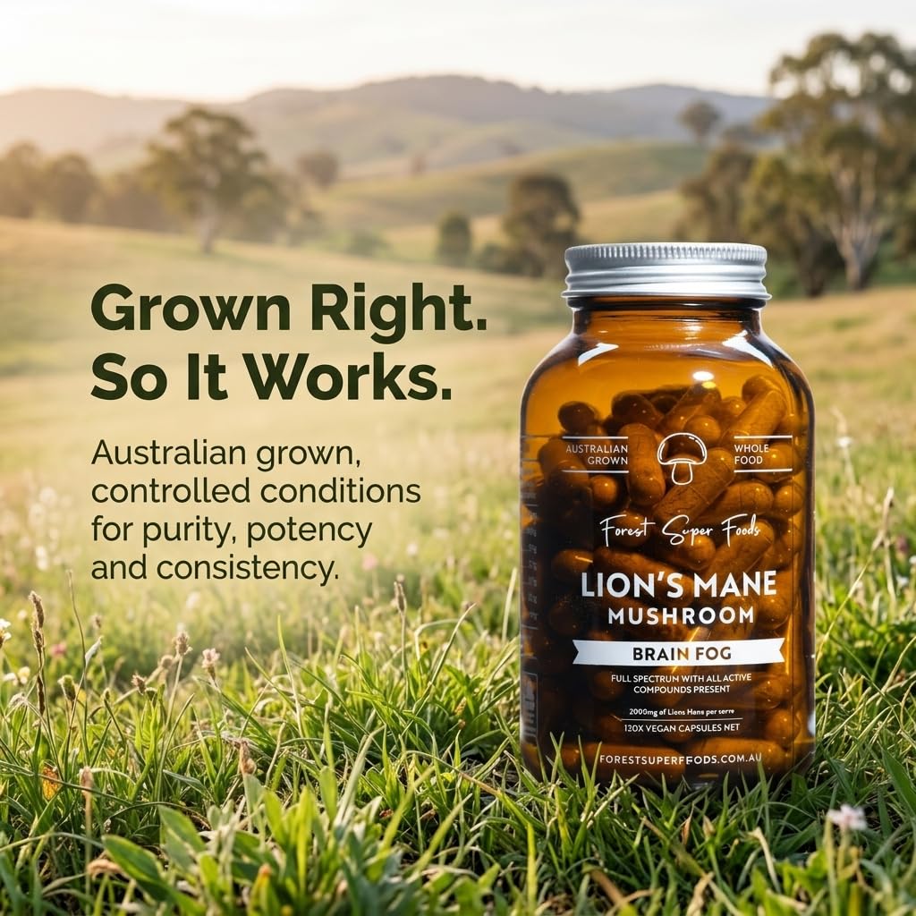 Forest Super Foods Lions Mane Supplement Capsules (120 Capsules) Organic Lions Mane Mushroom | Memory Lift Brain Supplement for Focus and Productivity. Lion Mane, Grown & Made in Australia - PrimeBioHealth - canada supplements