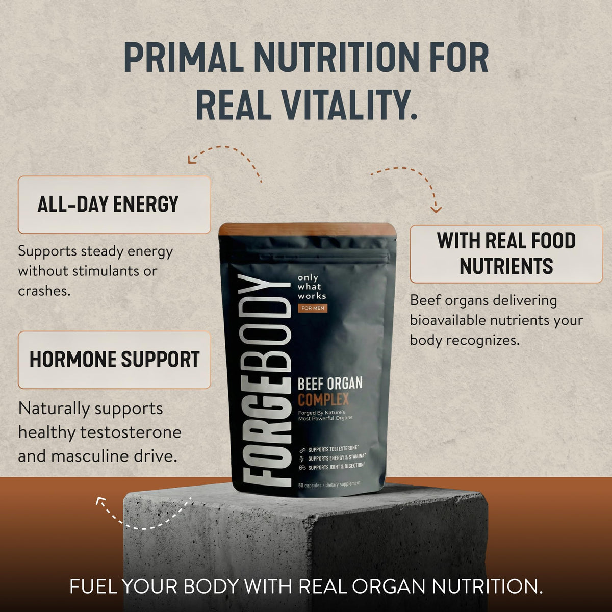FORGEBODY® Beef Organ Complex Capsules [1 Month] - 100% Grass Fed Beef Organ Supplement with Blend of Liver, Heart, Bone Marrow, Pancreas & Testicles - PrimeBioHealth - canada supplements