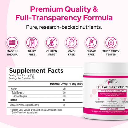FORTIBONE Collagen Peptides Essential Bone Builder Hydrolyzed Collagen Powder for Women & Men, Clinically-Supported for Bone Strength & Density - PrimeBioHealth - canada supplements