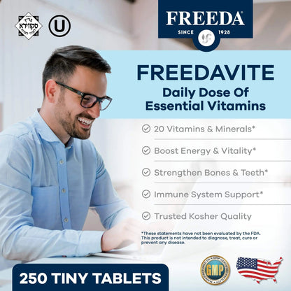 Freedavite Tiny Tablet - Moderate Multivitamin for Men and Women - Pure Vitamin A, C, D, E, B1, B2, B6, B12, Biotin, Calcium, Zinc, Iron, Magnesium - PrimeBioHealth - canada supplements