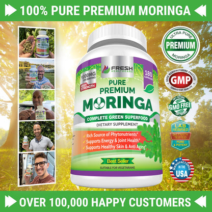 FRESH HEALTHCARE Moringa Capsules – 100% Pure Leaf Powder - 180 Pills, Non-GMO - 3 Month Supply - Complete Green Superfood for Energy - PrimeBioHealth - canada supplements