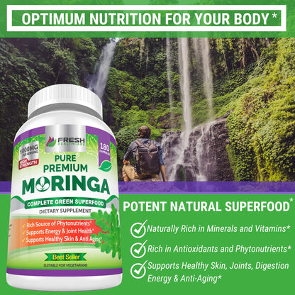 FRESH HEALTHCARE Moringa Capsules – 100% Pure Leaf Powder - 180 Pills, Non-GMO - 3 Month Supply - Complete Green Superfood for Energy - PrimeBioHealth - canada supplements