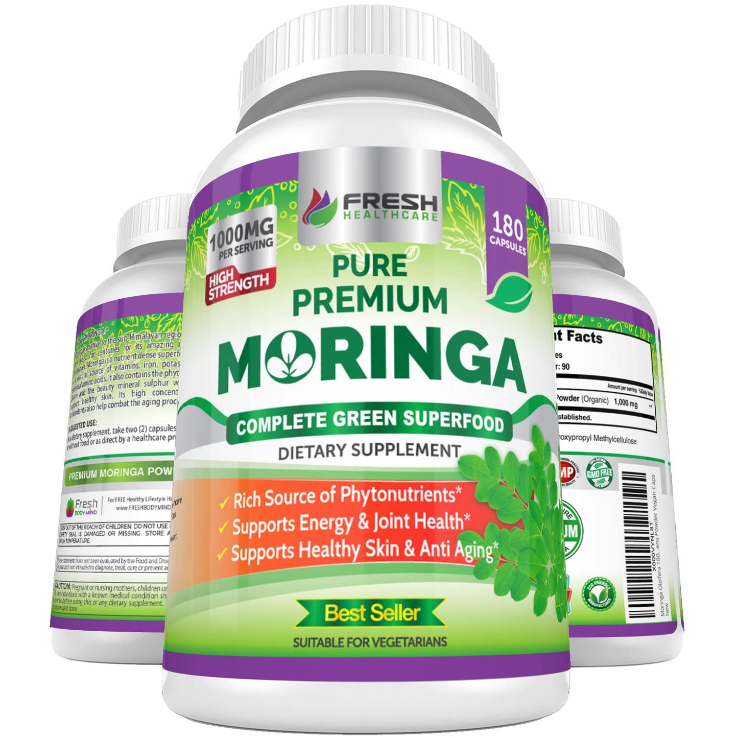 FRESH HEALTHCARE Moringa Capsules – 100% Pure Leaf Powder - 180 Pills, Non-GMO - 3 Month Supply - Complete Green Superfood for Energy - PrimeBioHealth - canada supplements