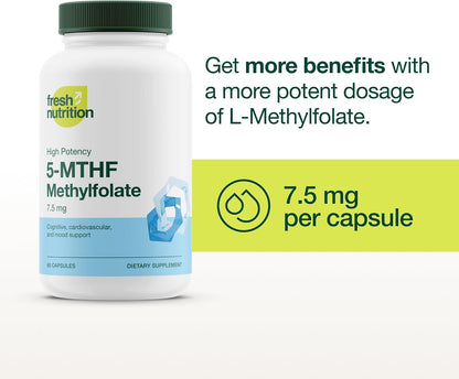 Fresh Nutrition L Methylfolate 7.5mg – DNA Verified for Maximum Potency – Superior Bioavailability – 5-MTHF Methyl Folate - 90 Capsules - PrimeBioHealth - canada supplements