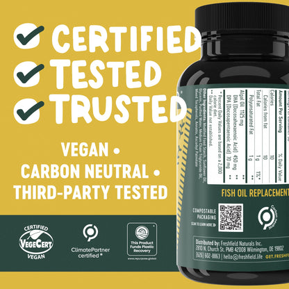 Freshfield Vegan Omega 3, Algae (Algal) Oil, Fish Oil Free Company, Third Party Tested, Carrageenan Free, DHA Supplement w/DPA - PrimeBioHealth - canada supplements