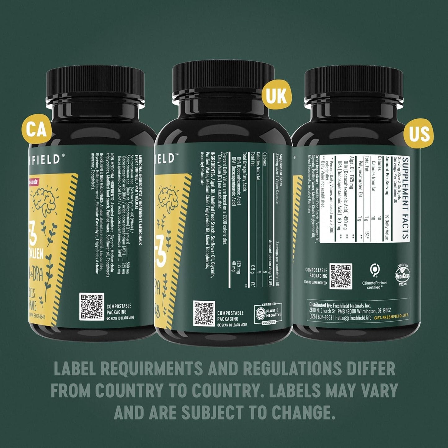 Freshfield Vegan Omega 3, Algae (Algal) Oil, Fish Oil Free Company, Third Party Tested, Carrageenan Free, DHA Supplement w/DPA - PrimeBioHealth - canada supplements