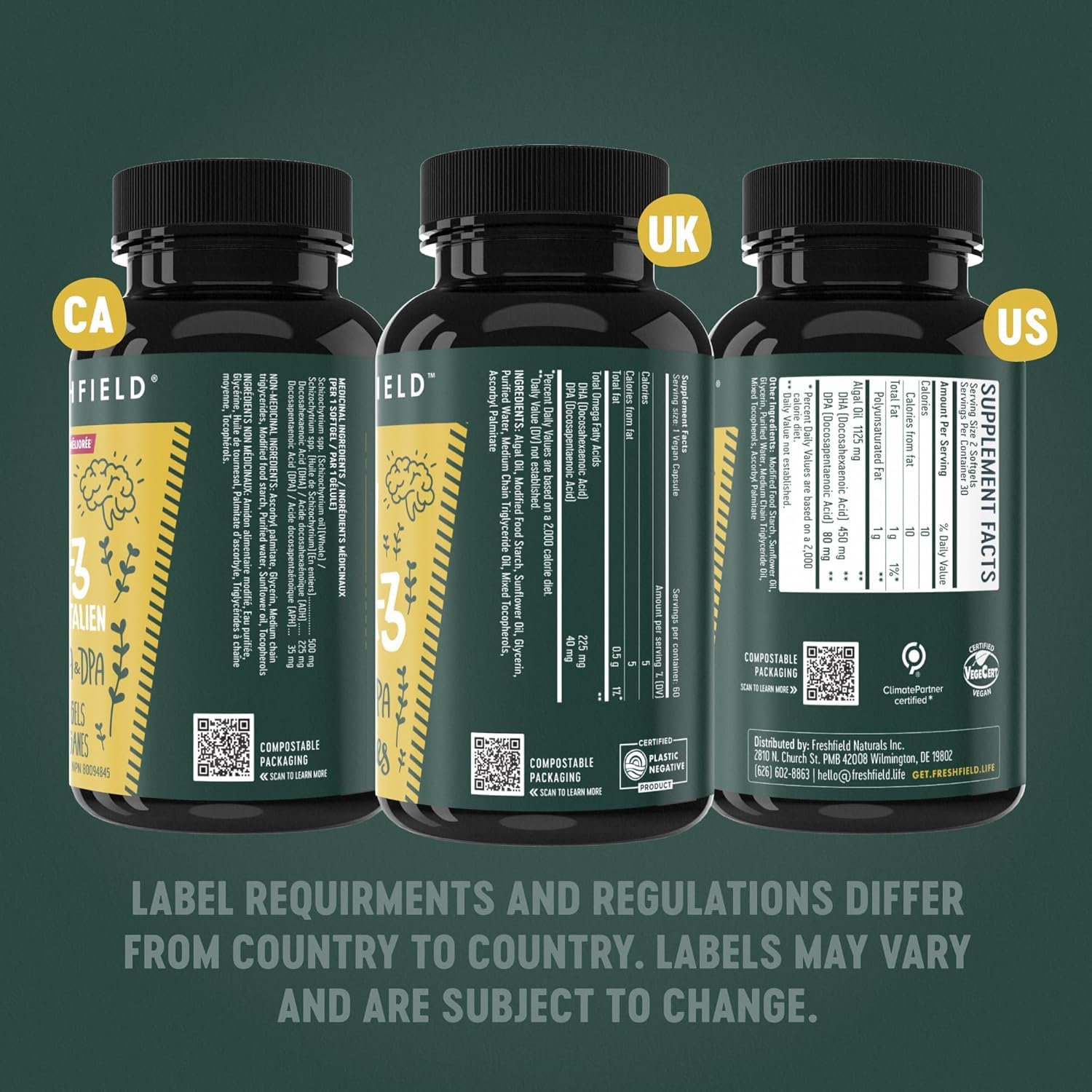 Freshfield Vegan Omega 3, Algae (Algal) Oil, Fish Oil Free Company, Third Party Tested, Carrageenan Free, DHA Supplement w/DPA - PrimeBioHealth - canada supplements