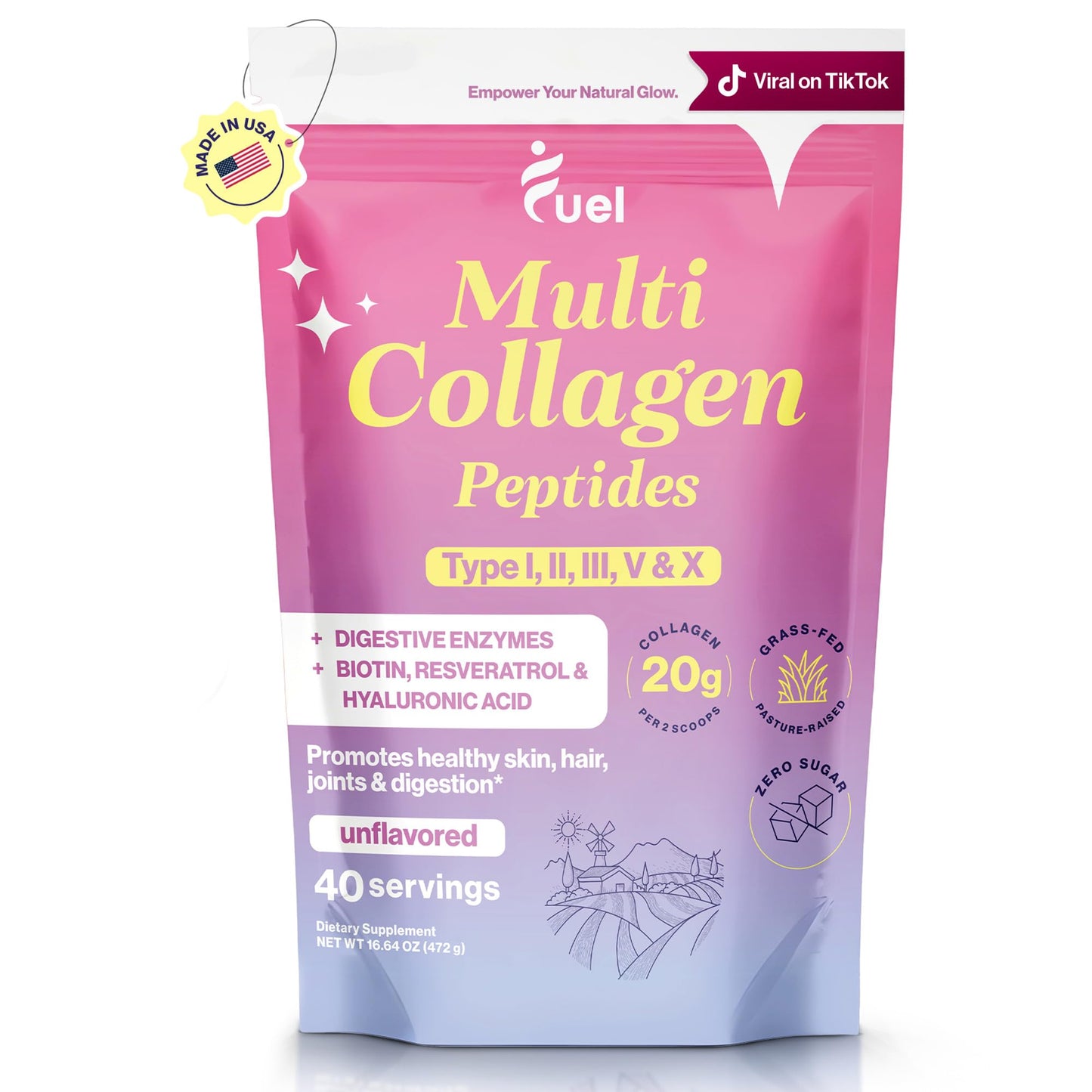 Fuel Multi Collagen Peptides Powder – 20g Hydrolyzed Collagen Types I, II, III, V & X – Hair, Skin, Nails & Joint Support – Keto & Gluten Free – Unflavored – 40 Servings (16.64oz) - PrimeBioHealth - canada supplements