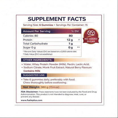 FUELE+ Protein Gummies – 12g High Protein Snack, Mixed Berry Flavor, No Added Sugar, Whey Protein Gummies, Supports Muscle Recovery, Post Workout Supplement - PrimeBioHealth - canada supplements