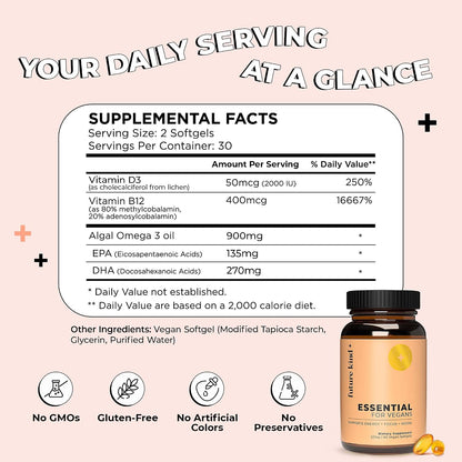 Future Kind 3 in 1 Daily Multivitamin - for Energy, Clarity, Active Wellness Support with B12, D3, and Algal Omega-3 - Essential Vegan Multivitamin for Women & Men - Tiny Citrus Softgels (60 Count) - PrimeBioHealth - canada supplements