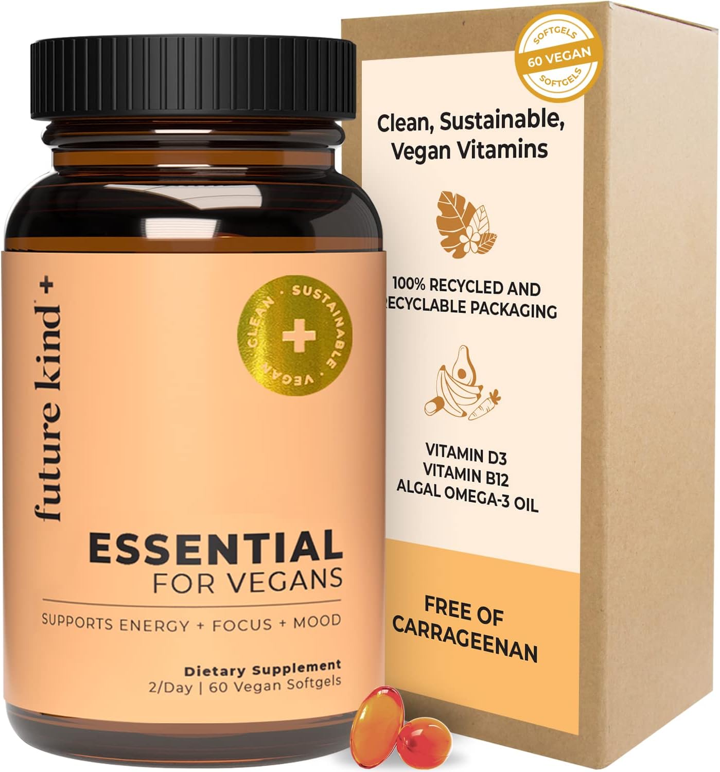 Future Kind 3 in 1 Daily Multivitamin - for Energy, Clarity, Active Wellness Support with B12, D3, and Algal Omega-3 - Essential Vegan Multivitamin for Women & Men - Tiny Citrus Softgels (60 Count) - PrimeBioHealth - canada supplements