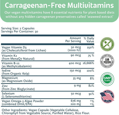 Future Kind Carrageenan-Free Foundations Multivitamin for Women & Men with Omega-3, B12, D3, Zinc, Iodine, Magnesium, K2 & Selenium, Vegan, Compostable Bag (60ct) - PrimeBioHealth - canada supplements