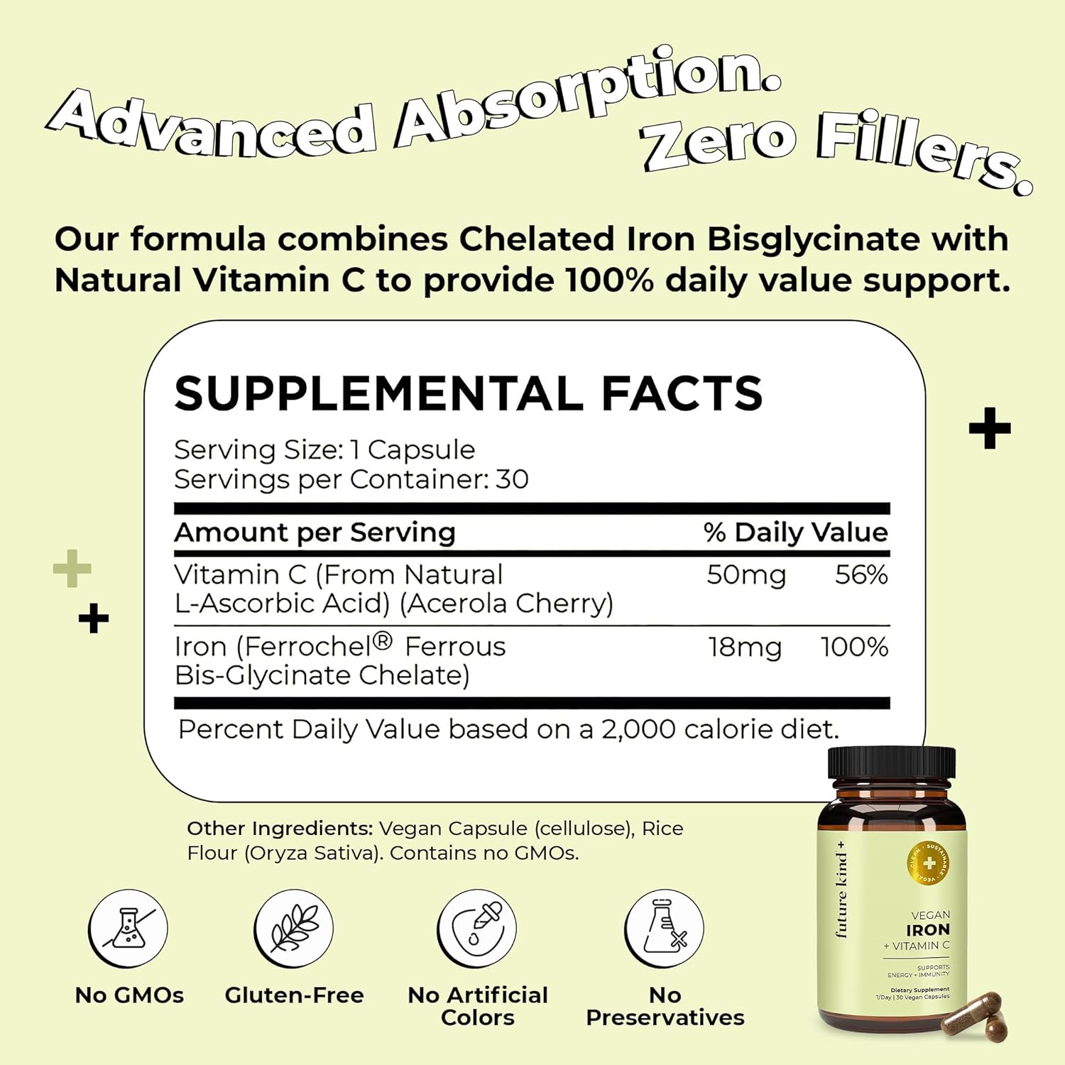 Future Kind Iron Supplement for Women and Men, Daily Energy & Focus, Chelated Iron Bisglycinate, 18mg 100% DV with Vitamin C for Absorption - Gentle on Stomach, Non-GMO Vegan Capsules, 30 Day Supply - PrimeBioHealth - canada supplements
