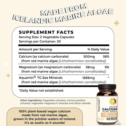 Future Kind Vegan Calcium Supplement - Plant-Based Calcium Magnesium Supplement Sourced from Iceland for Teeth & Bone Support (60 Capsules) - PrimeBioHealth - canada supplements