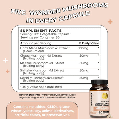 Future Kind Vegan Lion’s Mane Mushroom Complex - Brain Supplement with Chaga, Maitake, Shiitake, & Reishi, Supports Memory and Focus (30ct) - PrimeBioHealth - canada supplements