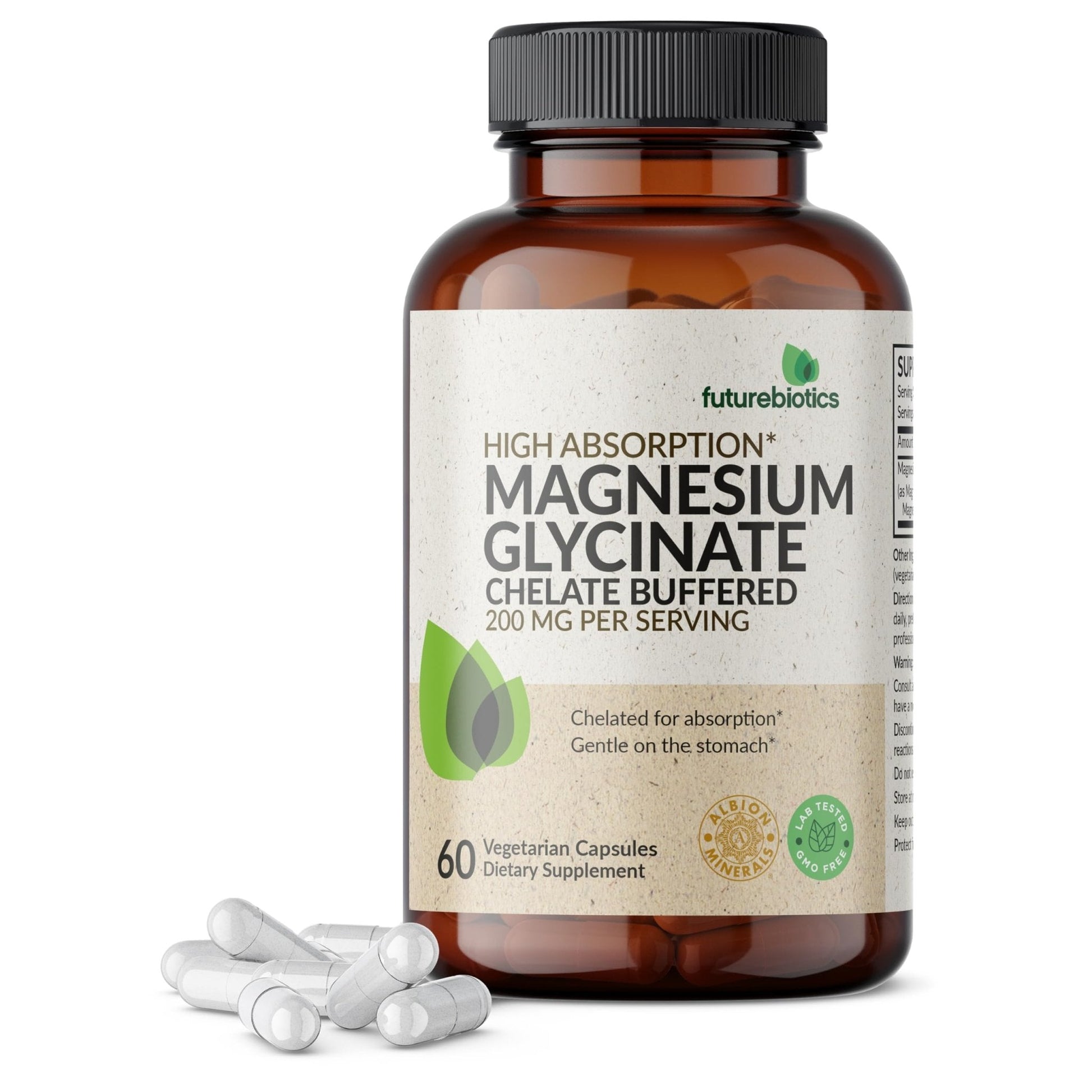 Futurebiotics Magnesium Glycinate 200 MG per Serving Chelated for High Absorption, Gentle On Stomach, Non-GMO, 60 Vegetarian Capsules - PrimeBioHealth - canada supplements