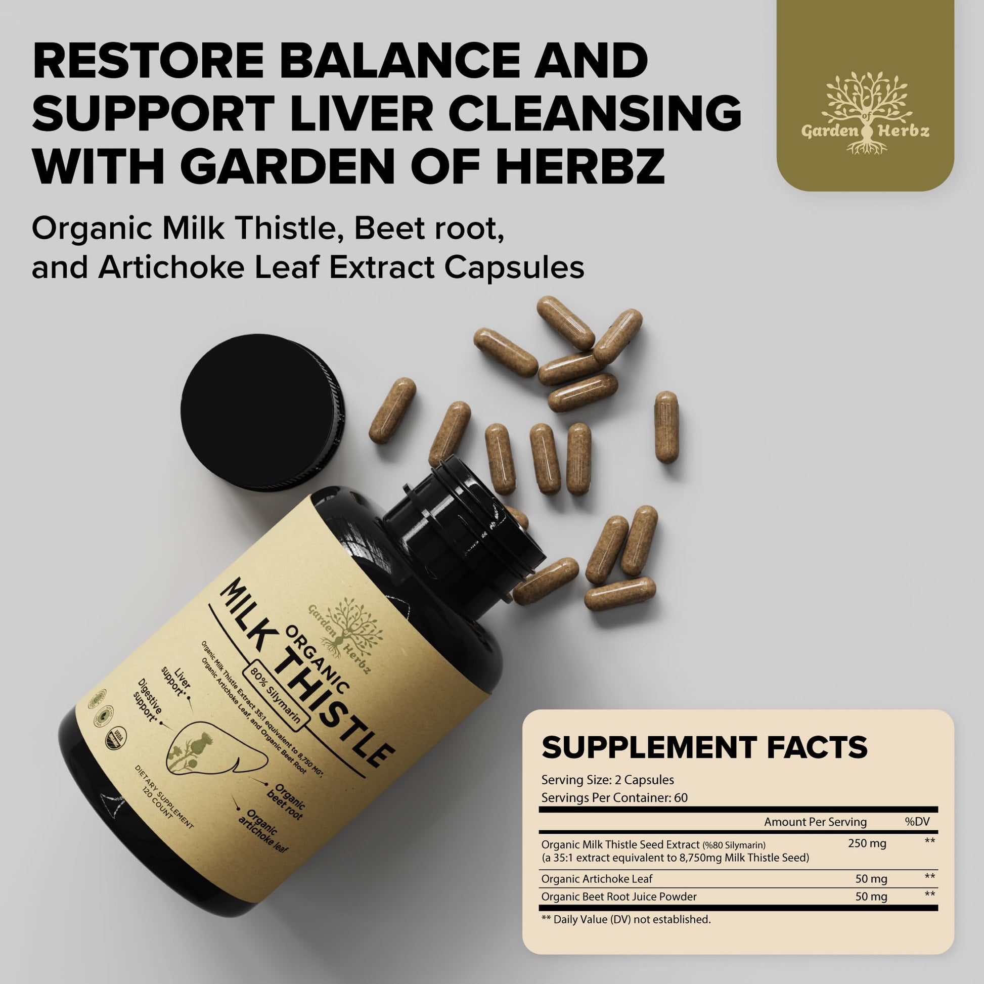 Garden of Herbz USDA Organic Milk Thistle Liver Detox Supplement 80% Silymarin, 250 mg with Beet Root & Artichoke Extract for Liver Support & Digestion, - PrimeBioHealth - canada supplements
