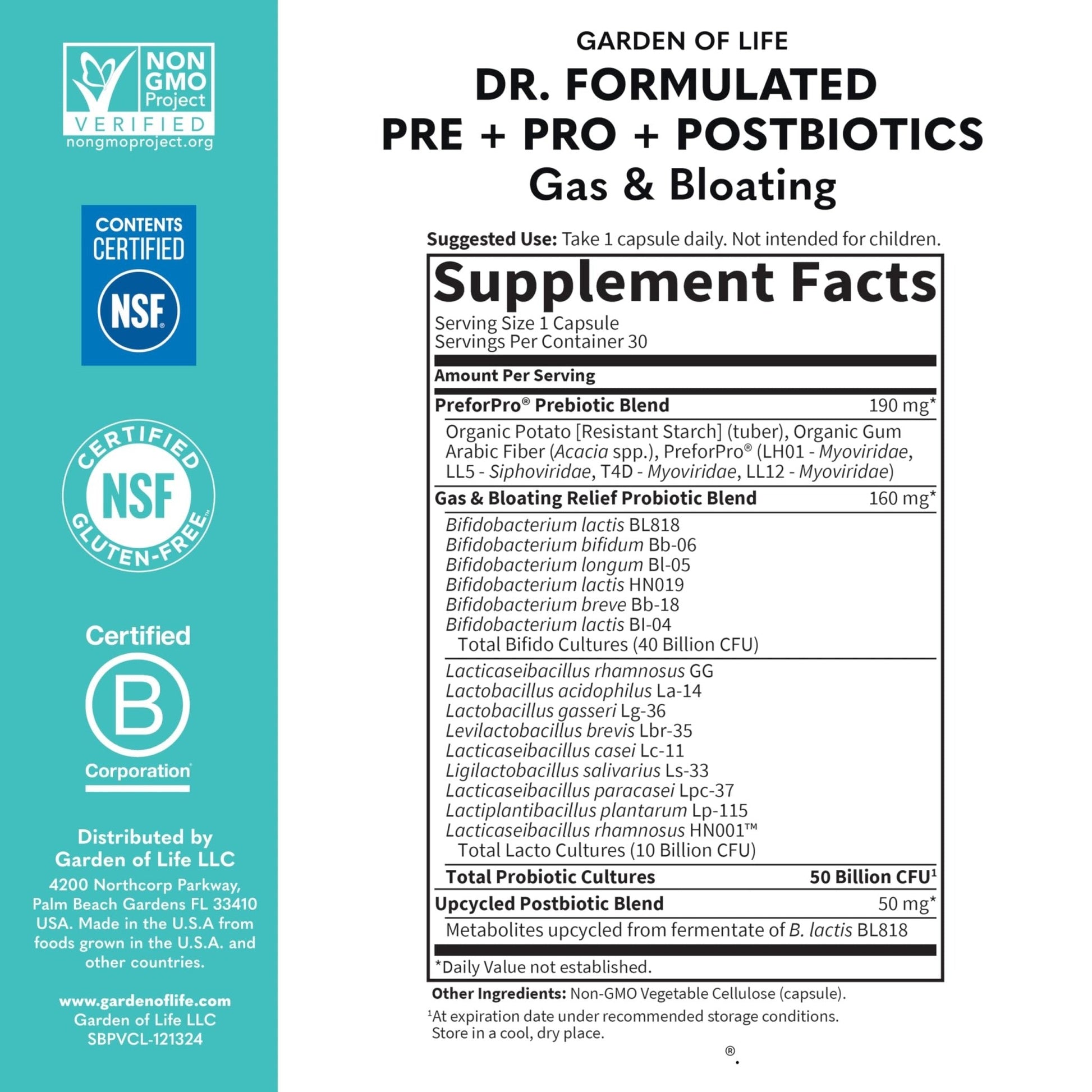 Garden of Life Dr. Formulated Pre, Post & Probiotics Gas & Bloating Once Daily 3-in-1 Complete Prebiotics, Postbiotics & Probiotics – 50 Billion CFU - PrimeBioHealth - canada supplements