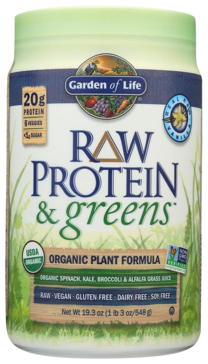Garden of Life Raw Protein & Greens Vanilla Protein Powder – 20g Plant Based Greens Powder, Probiotics & Enzymes, Post-Workout Recovery, Vegan, Gluten-Free, Non-GMO, 20 Servings - PrimeBioHealth - canada supplements