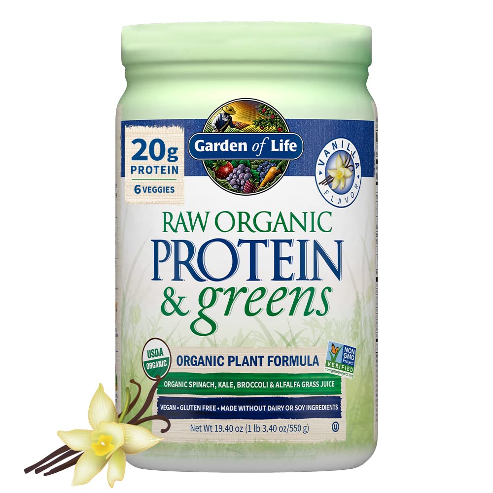 Garden of Life Raw Protein & Greens Vanilla Protein Powder – 20g Plant Based Greens Powder, Probiotics & Enzymes, Post-Workout Recovery, Vegan, Gluten-Free, Non-GMO, 20 Servings - PrimeBioHealth - canada supplements