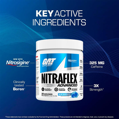 GAT SPORT Nitraflex Advanced Pre-Workout Powder, Increases Blood Flow, Boosts Strength and Energy, Improves Exercise Performance, (Blue Raspberry, 30 Servings) - PrimeBioHealth - canada supplements
