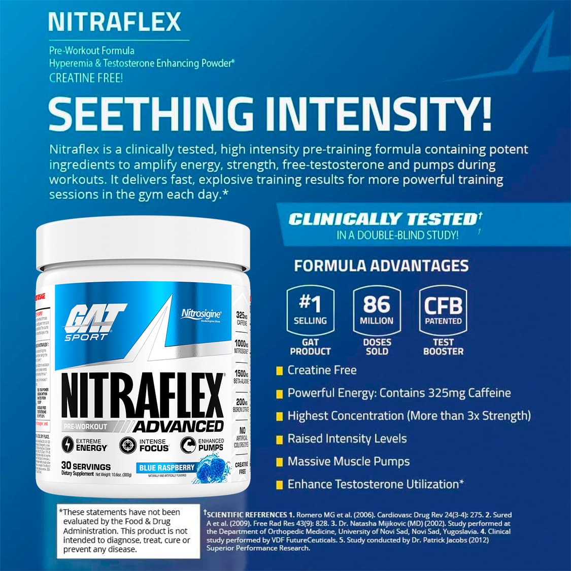 GAT SPORT Nitraflex Advanced Pre-Workout Powder, Increases Blood Flow, Boosts Strength and Energy, Improves Exercise Performance, (Blue Raspberry, 30 Servings) - PrimeBioHealth - canada supplements
