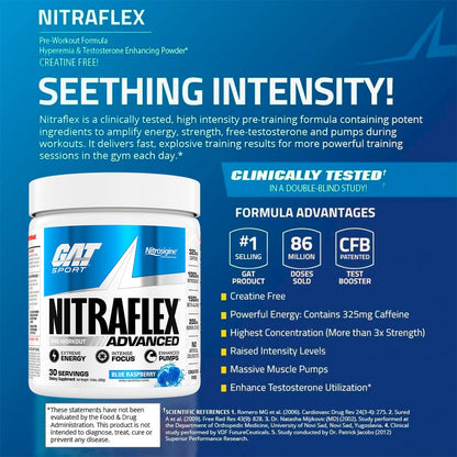 GAT SPORT Nitraflex Advanced Pre-Workout Powder, Increases Blood Flow, Boosts Strength and Energy, Improves Exercise Performance, (Blue Raspberry, 30 Servings) - PrimeBioHealth - canada supplements
