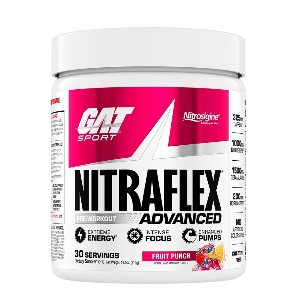 GAT SPORT Nitraflex Advanced Pre-Workout Powder, Increases Blood Flow, Boosts Strength and Energy, Improves Exercise Performance, Men & Women (Fruit Punch, 30 Servings) - PrimeBioHealth - canada supplements