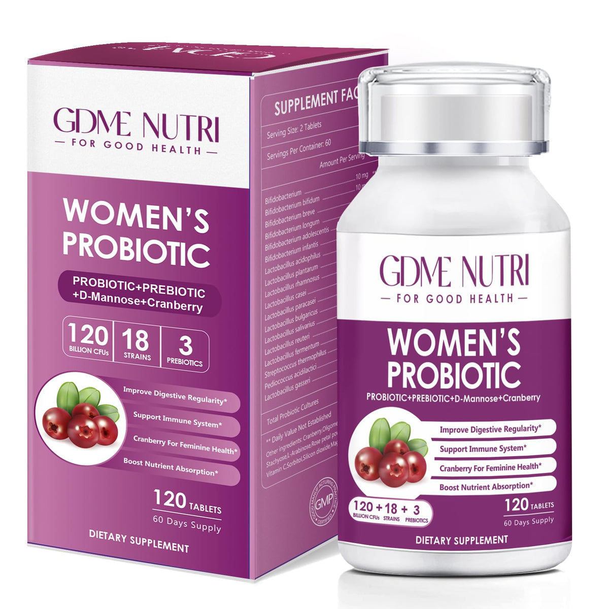 GDMENUTRI Women's Probiotics, 120 Tablets 120 Billion CFU 18 Strains, Contains Organic Prebiotic Cranberry, Probiotic Supplement for Digestion, - PrimeBioHealth - canada supplements
