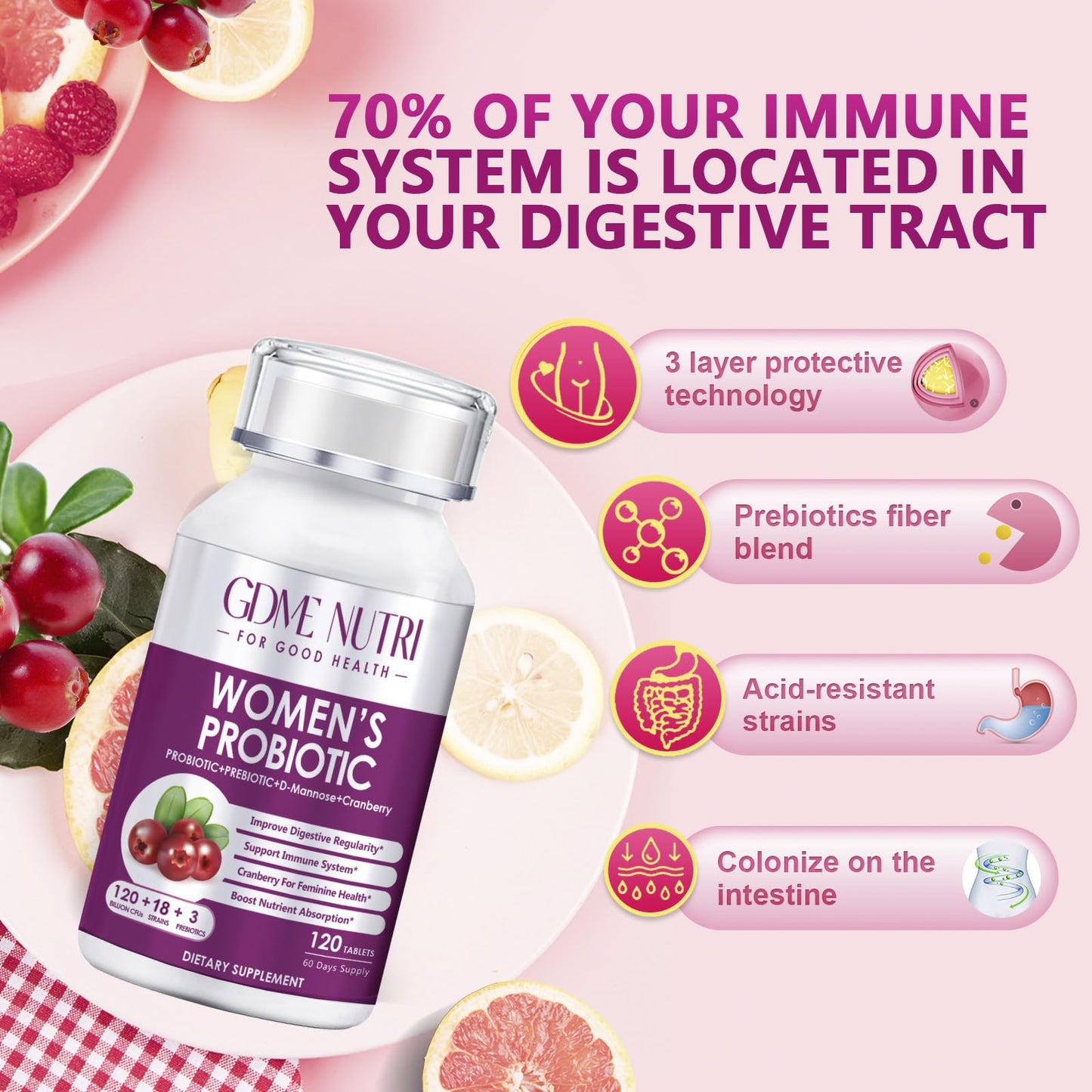 GDMENUTRI Women's Probiotics, 120 Tablets 120 Billion CFU 18 Strains, Contains Organic Prebiotic Cranberry, Probiotic Supplement for Digestion, - PrimeBioHealth - canada supplements