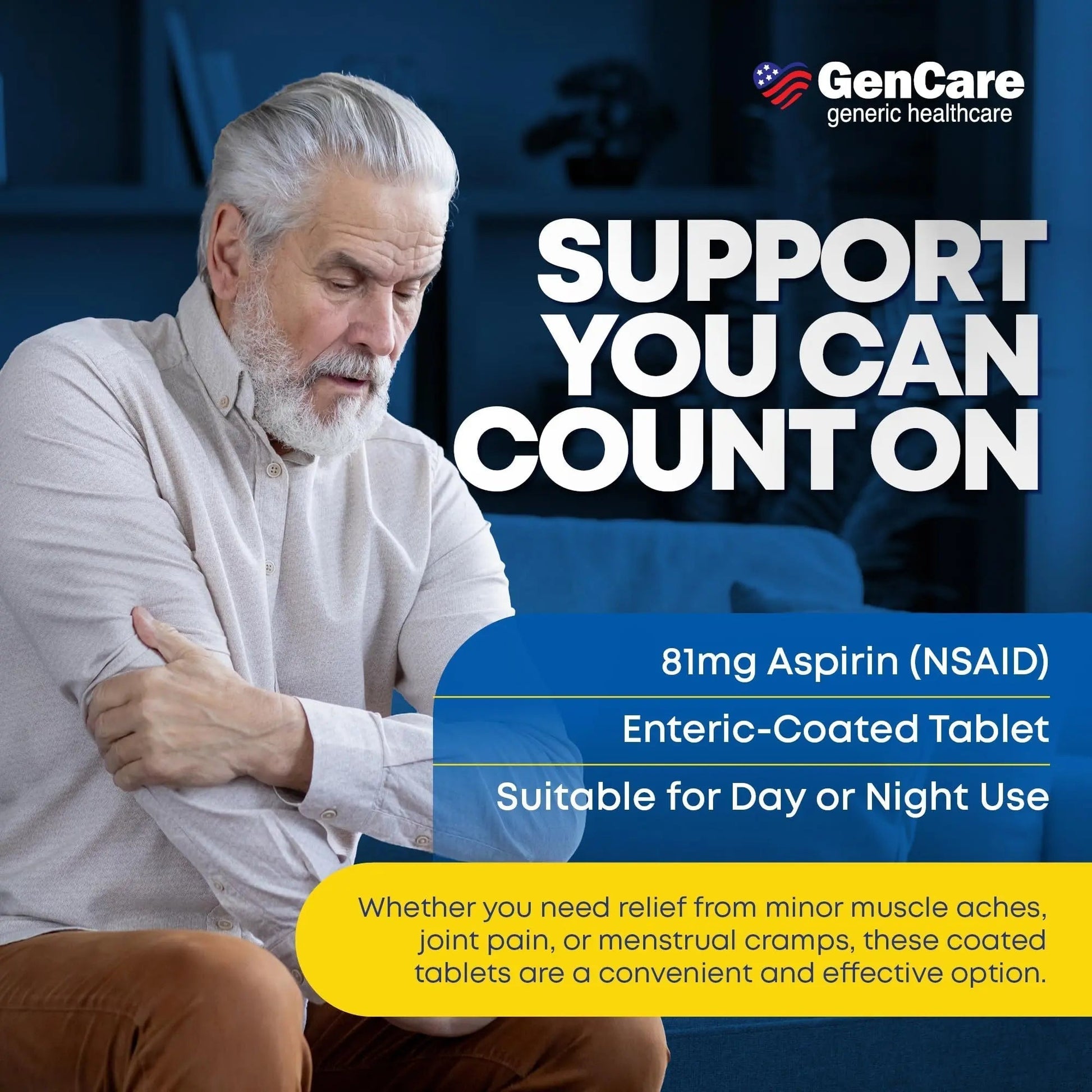 GenCare - Low Dose Aspirin 81mg for Adults Coated (NSAID) 500 Tablets | Adult Low Dose | Enteric Coated Aspirin Pills | Muscle Pain & Menstrual Pain Relief | Fever Reducer | Generic Bayer - PrimeBioHealth - canada supplements