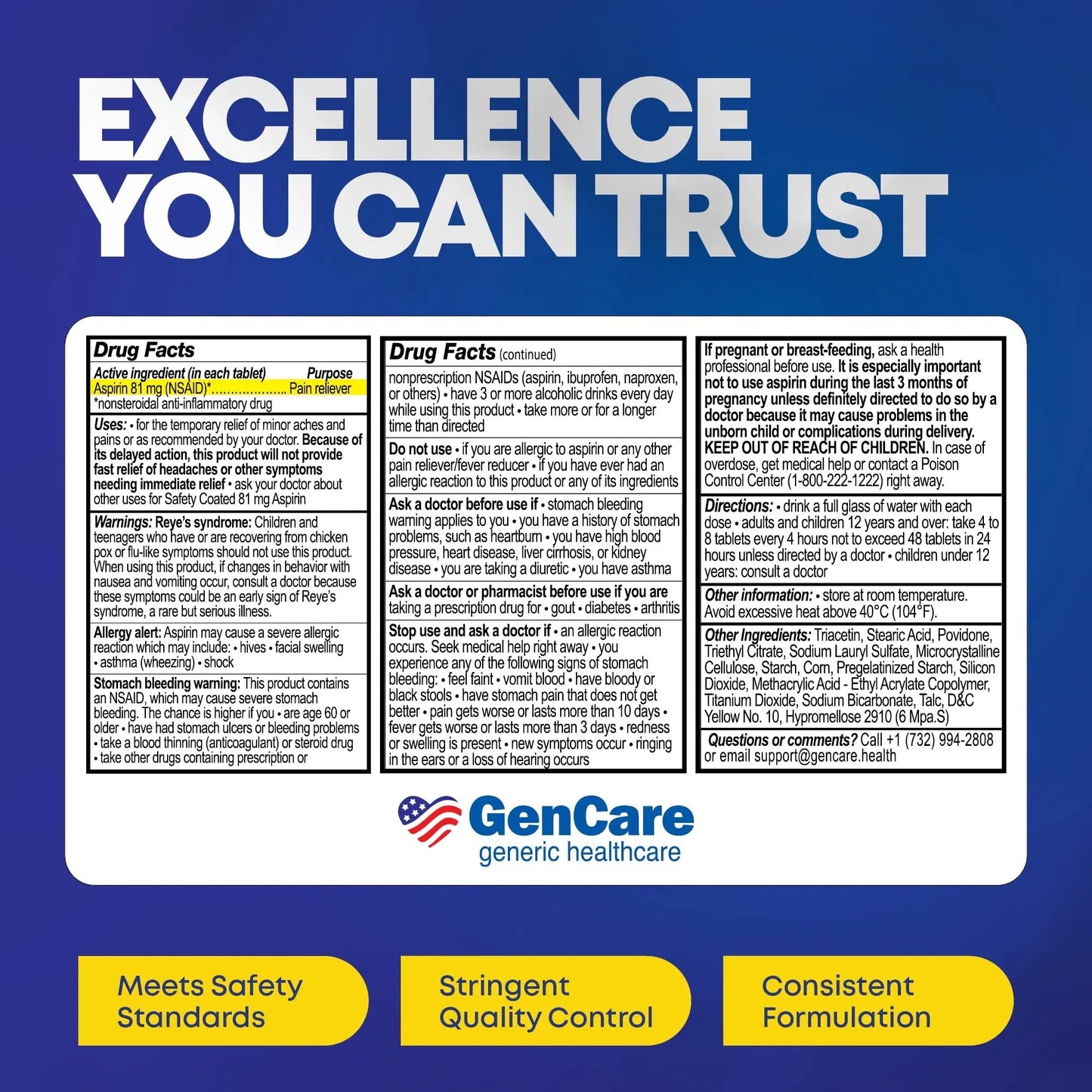 GenCare - Low Dose Aspirin 81mg for Adults Coated (NSAID) 500 Tablets | Adult Low Dose | Enteric Coated Aspirin Pills | Muscle Pain & Menstrual Pain Relief | Fever Reducer | Generic Bayer - PrimeBioHealth - canada supplements