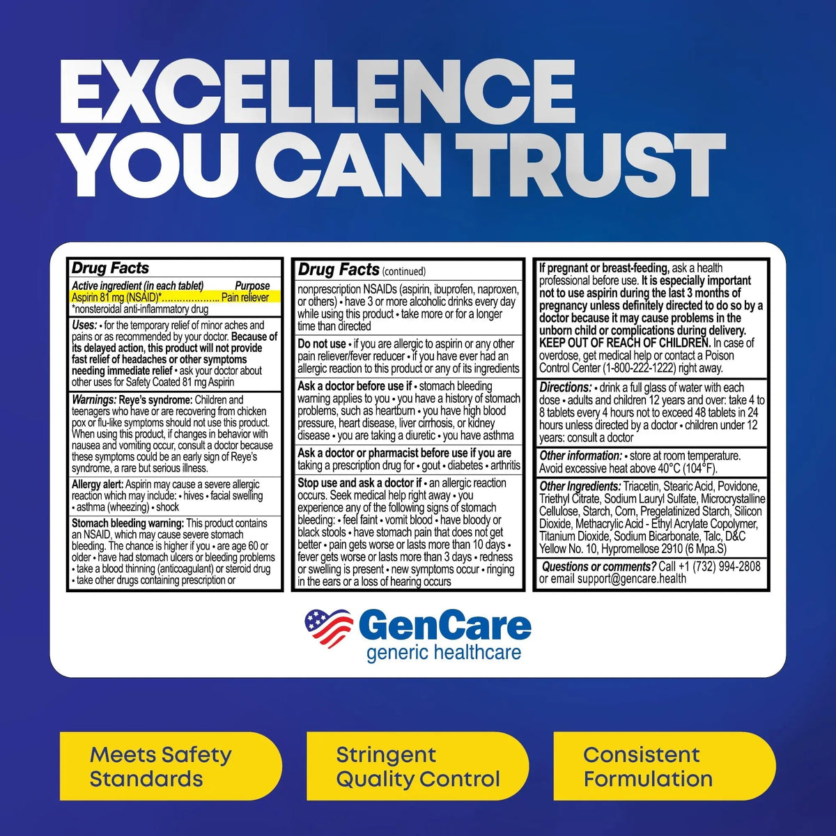 GenCare - Low Dose Aspirin 81mg for Adults Coated (NSAID) 500 Tablets | Adult Low Dose | Enteric Coated Aspirin Pills | Muscle Pain & Menstrual Pain Relief | Fever Reducer | Generic Bayer - PrimeBioHealth - canada supplements