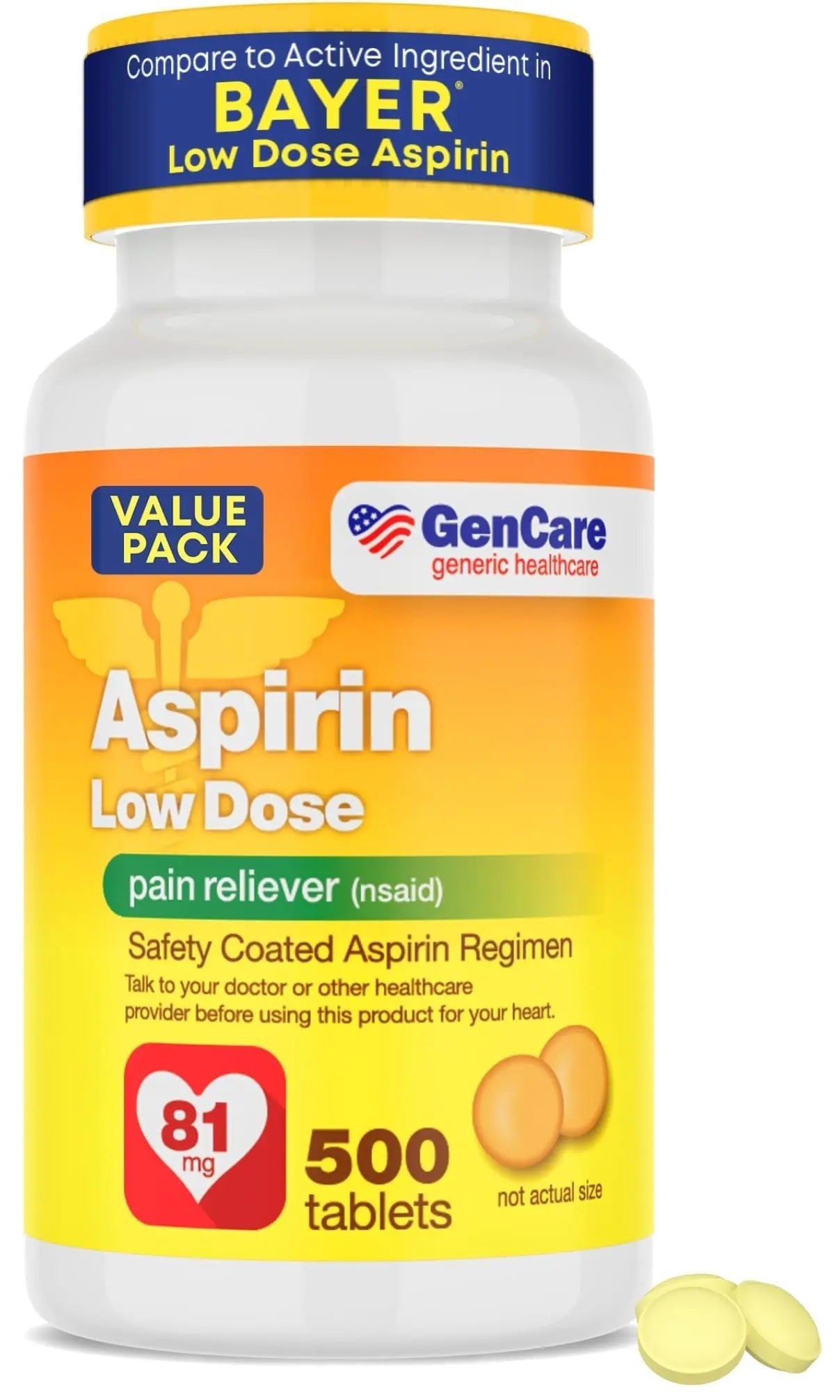 GenCare - Low Dose Aspirin 81mg for Adults Coated (NSAID) 500 Tablets | Adult Low Dose | Enteric Coated Aspirin Pills | Muscle Pain & Menstrual Pain Relief | Fever Reducer | Generic Bayer - PrimeBioHealth - canada supplements