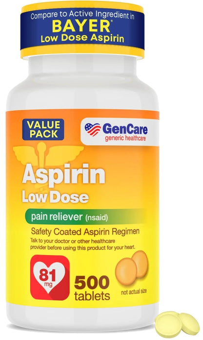 GenCare - Low Dose Aspirin 81mg for Adults Coated (NSAID) 500 Tablets | Adult Low Dose | Enteric Coated Aspirin Pills | Muscle Pain & Menstrual Pain Relief | Fever Reducer | Generic Bayer - PrimeBioHealth - canada supplements