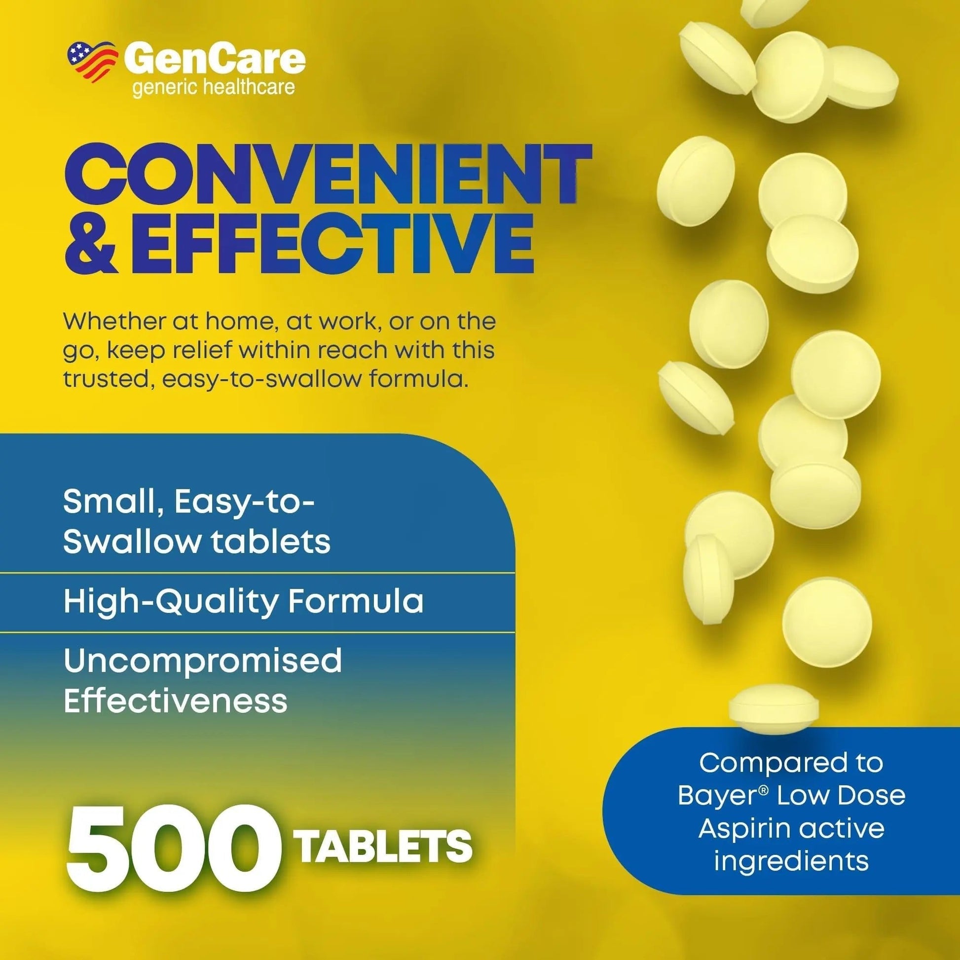 GenCare - Low Dose Aspirin 81mg for Adults Coated (NSAID) 500 Tablets | Adult Low Dose | Enteric Coated Aspirin Pills | Muscle Pain & Menstrual Pain Relief | Fever Reducer | Generic Bayer - PrimeBioHealth - canada supplements