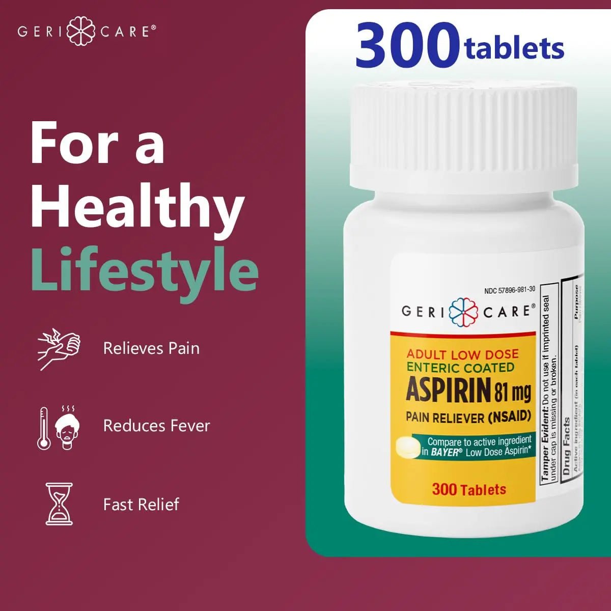 GeriCare Aspirin 81mg Adult Low Dose, Pain Reliever - Enteric Coated Tablets for Enhanced Absorption and Gentle Digestion – Supports Blood Flow, Reduces Inflammation, 300 Count (Pack of 1) - PrimeBioHealth - canada supplements