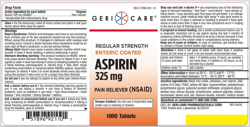 GeriCare Enteric Coated Aspirin Tablets 325mg (1000 Count) NSAID Pain Reliever & Fever Reducer for Adults- Regular Strength Aspirin for Headache Arthritis Menstrual & Muscle Pain - PrimeBioHealth - canada supplements