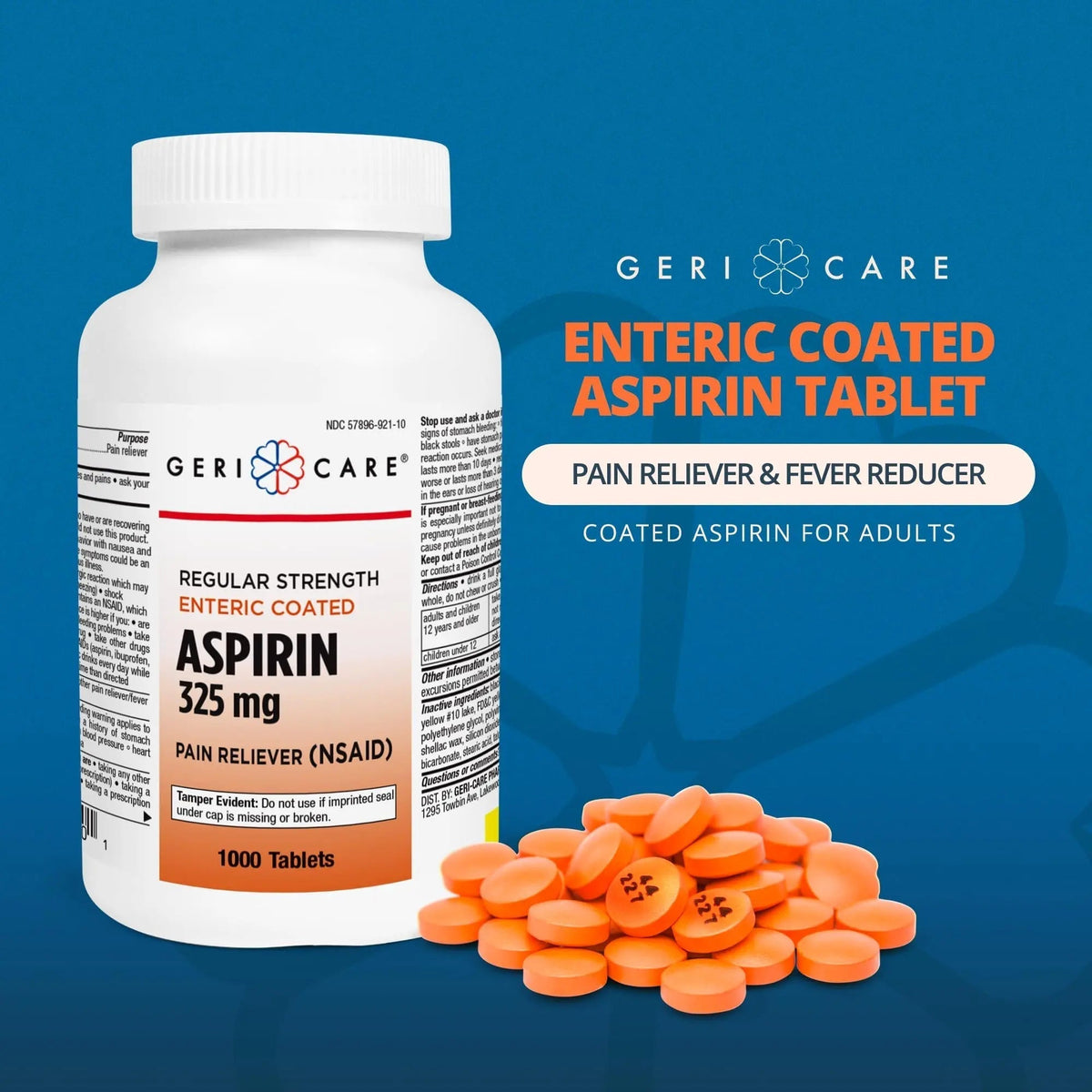 GeriCare Enteric Coated Aspirin Tablets 325mg (1000 Count) NSAID Pain Reliever & Fever Reducer for Adults- Regular Strength Aspirin for Headache Arthritis Menstrual & Muscle Pain - PrimeBioHealth - canada supplements
