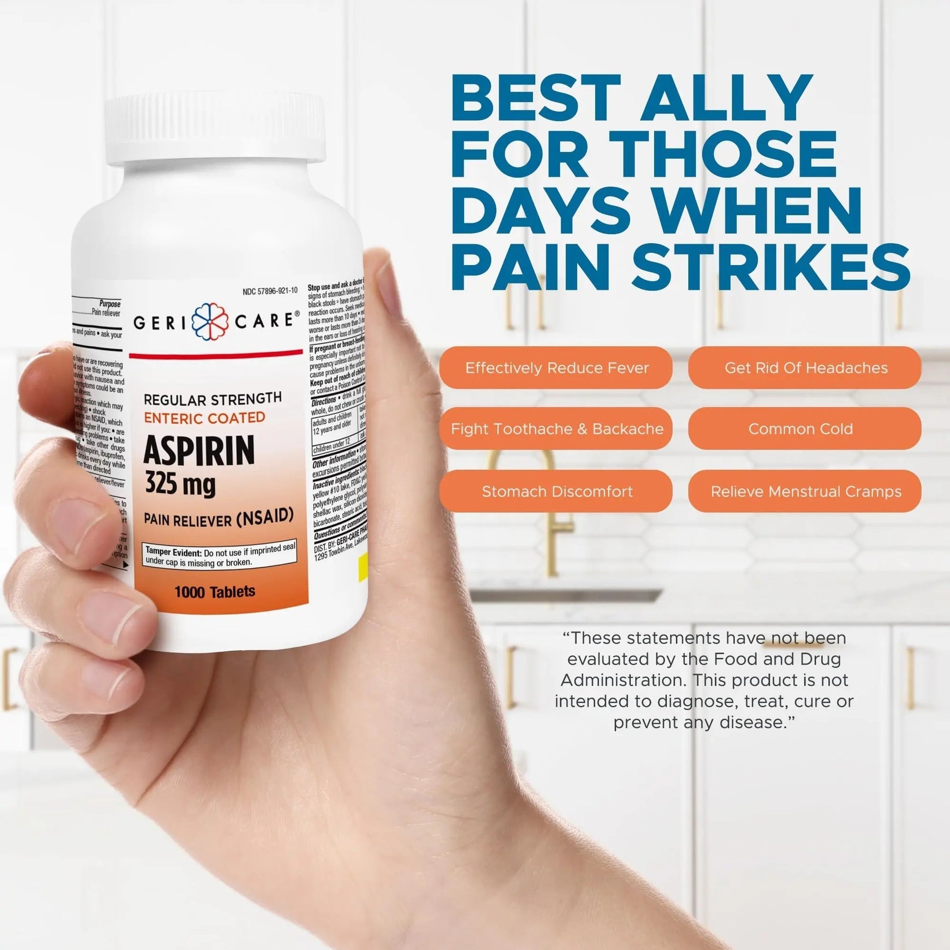 GeriCare Enteric Coated Aspirin Tablets 325mg (1000 Count) NSAID Pain Reliever & Fever Reducer for Adults- Regular Strength Aspirin for Headache Arthritis Menstrual & Muscle Pain - PrimeBioHealth - canada supplements