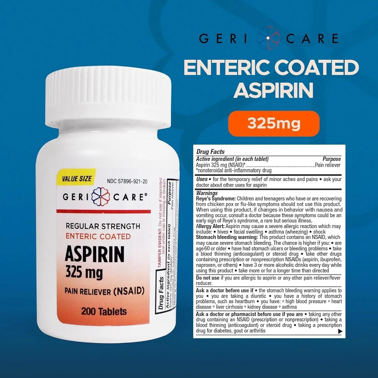 GeriCare Enteric Coated Aspirin Tablets 325mg (200 Count) NSAID Pain Reliever & Fever Reducer for Adults- Regular Strength Aspirin for Headache Arthritis Menstrual & Muscle Pain - PrimeBioHealth - canada supplements