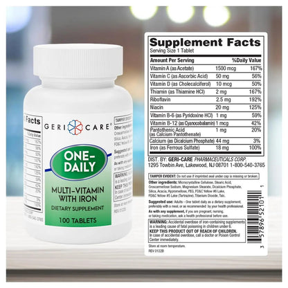 GeriCare One-Daily Multi-Vitamin with Iron Tablets,100 Count (Pack of 1) - PrimeBioHealth - canada supplements
