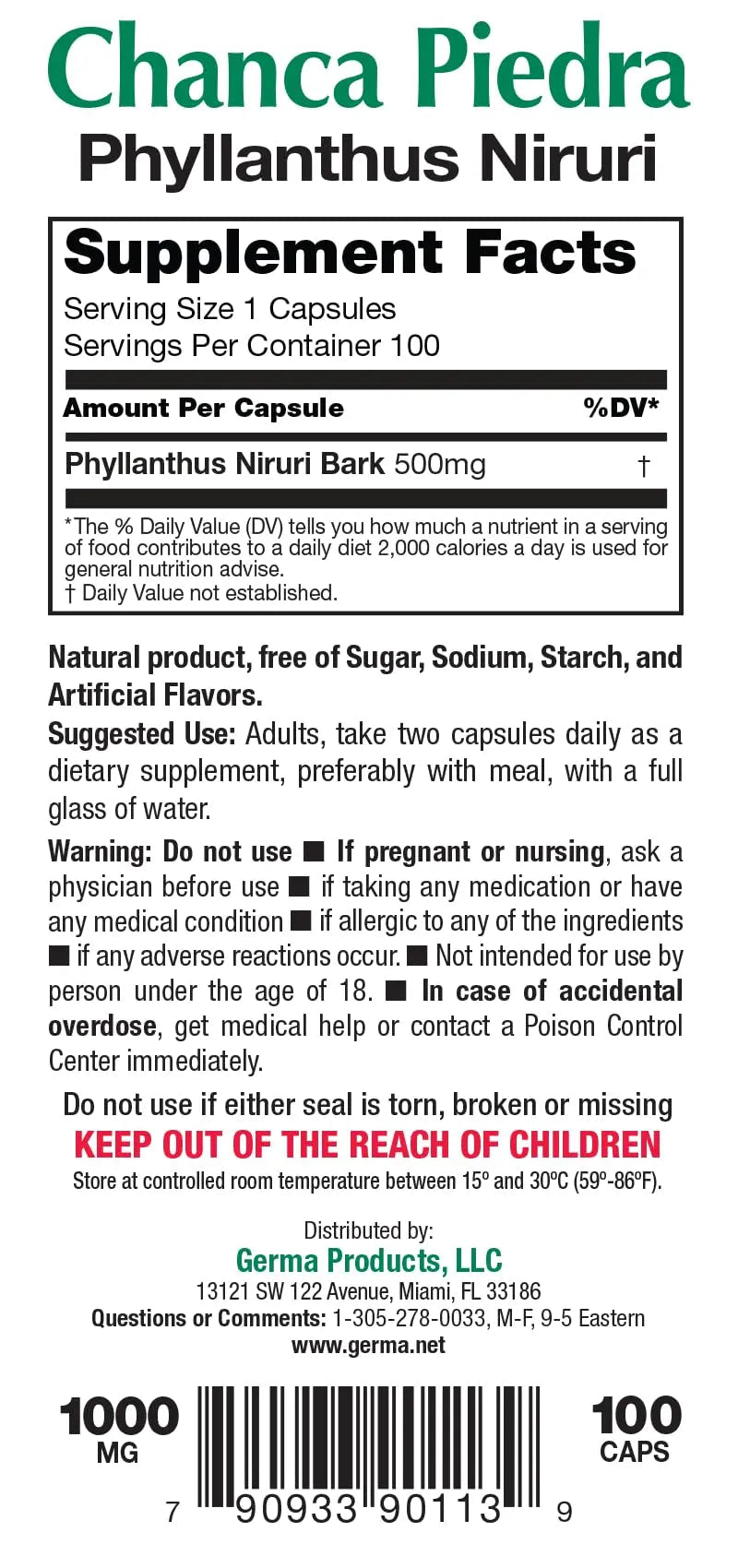 Germa Chanca Piedra Supplement – 500mg Phyllanthus Niruri – Traditional Stone Breaker Herb for Urinary & Kidney Support – Rainforest Botanical – 100% Natural Vegan Capsules, 100 Count - PrimeBioHealth - canada supplements
