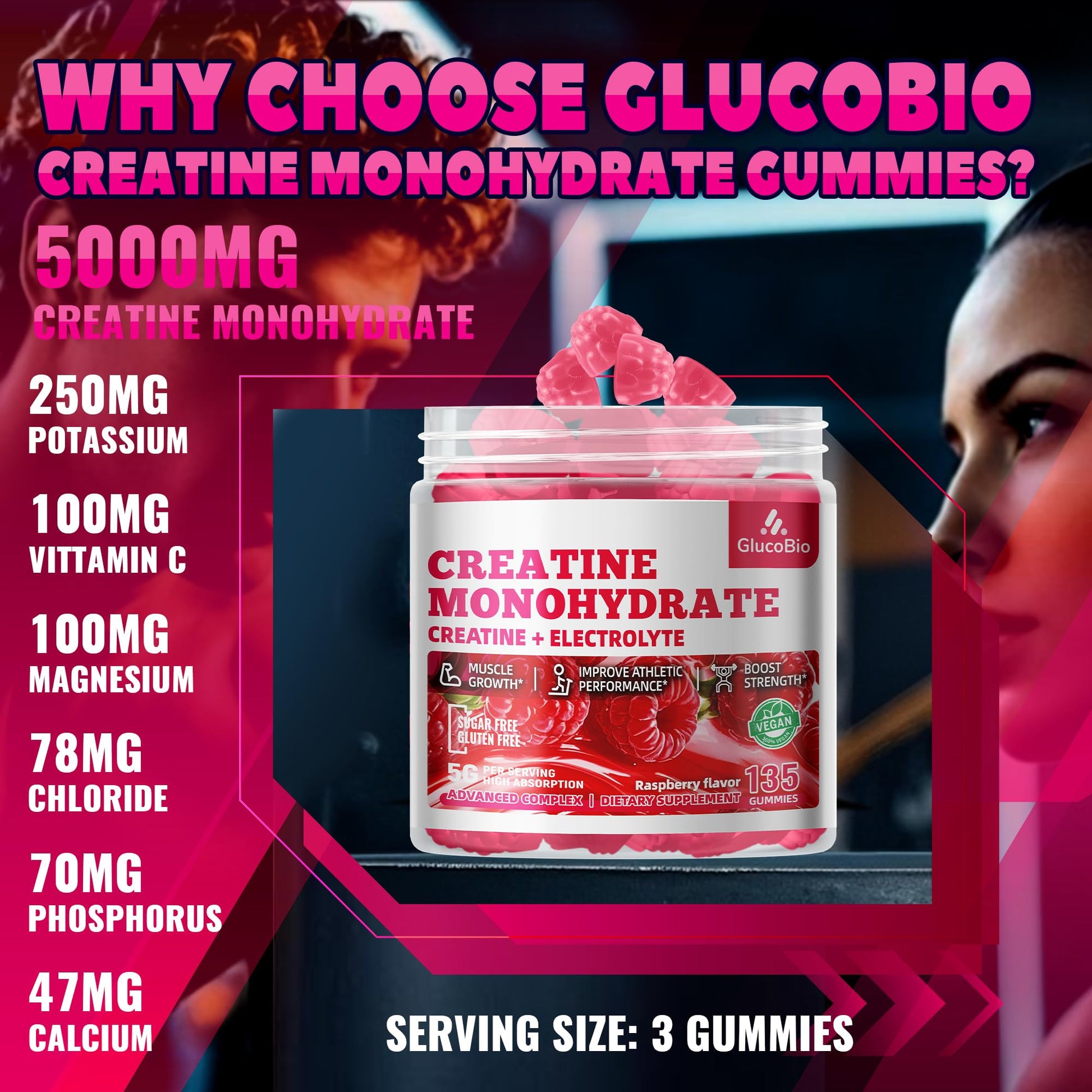 GlucoBio Creatine Monohydrate Gummies (5g) – Pre-Workout Energy & Muscle Growth Support for Men & Women - PrimeBioHealth - canada supplements