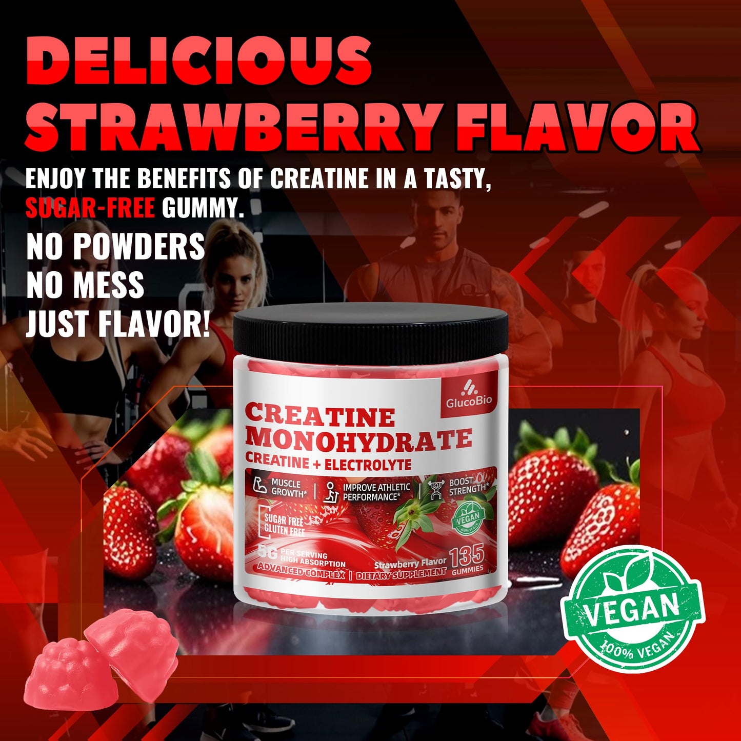 GlucoBio Creatine Monohydrate Gummies (5g) – Pre-Workout Energy & Muscle Growth Support for Men & Women - PrimeBioHealth - canada supplements