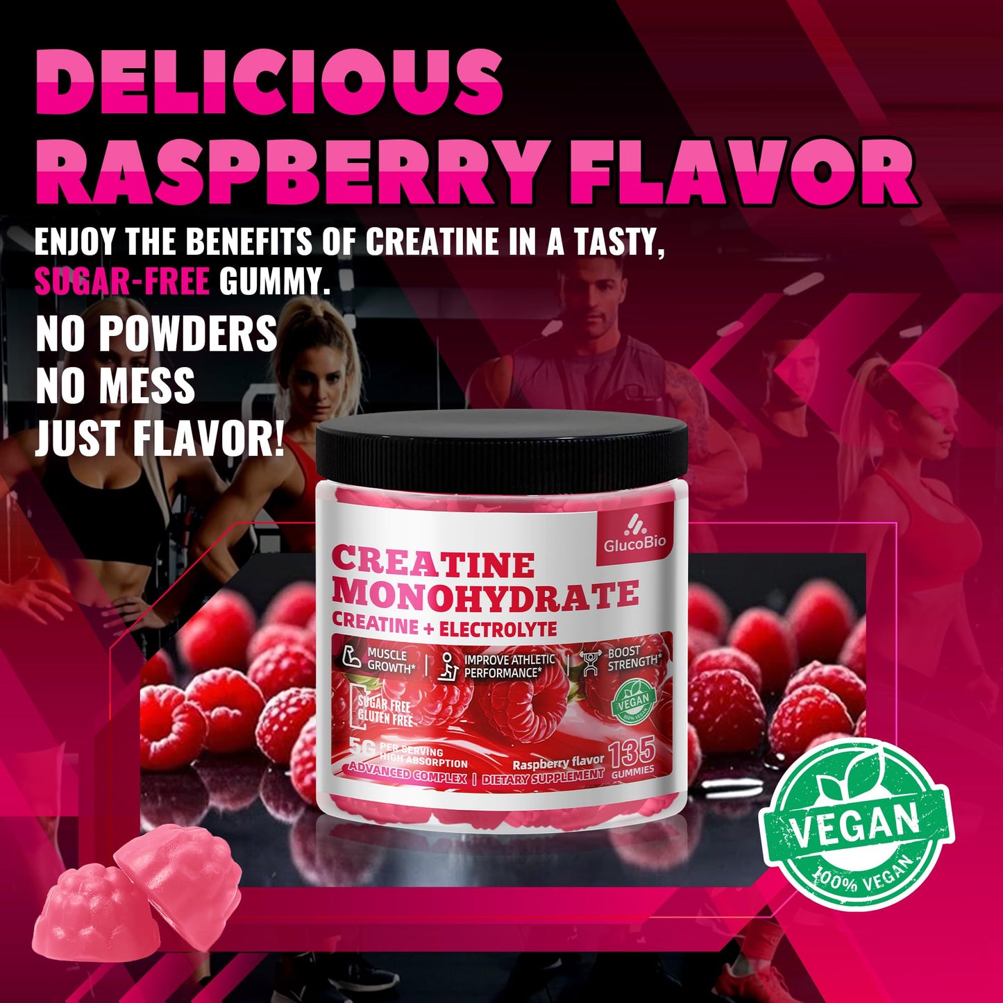 GlucoBio Creatine Monohydrate Gummies (5g) – Pre-Workout Energy & Muscle Growth Support for Men & Women - PrimeBioHealth - canada supplements