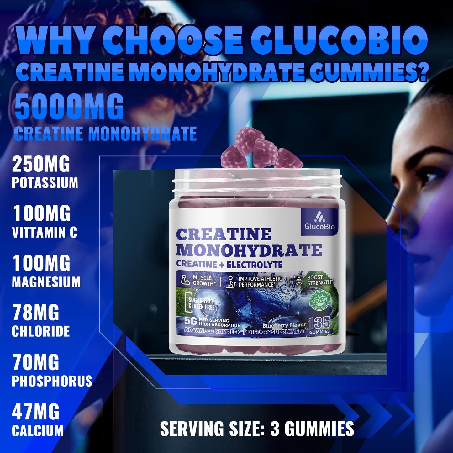 GlucoBio Creatine Monohydrate Gummies (5g) – Pre-Workout Energy & Muscle Growth Support for Men & Women - PrimeBioHealth - canada supplements