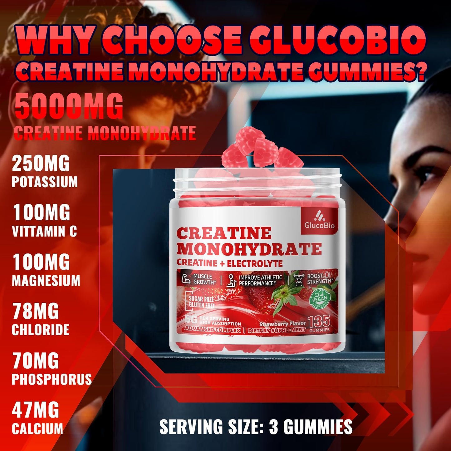 GlucoBio Creatine Monohydrate Gummies (5g) – Pre-Workout Energy & Muscle Growth Support for Men & Women - PrimeBioHealth - canada supplements