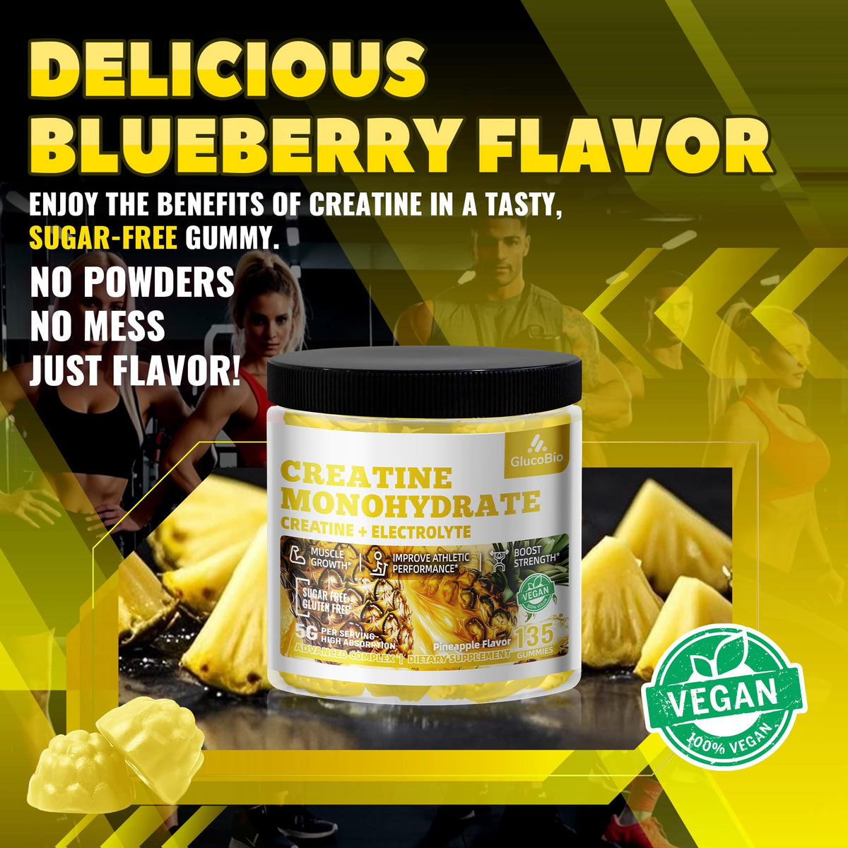 GlucoBio Creatine Monohydrate Gummies (5g) – Pre-Workout Energy & Muscle Growth Support for Men & Women | Pineapple Electrolyte Gummies (135 Count) - PrimeBioHealth - canada supplements