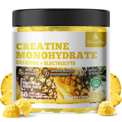 GlucoBio Creatine Monohydrate Gummies (5g) – Pre-Workout Energy & Muscle Growth Support for Men & Women | Pineapple Electrolyte Gummies (135 Count) - PrimeBioHealth - canada supplements